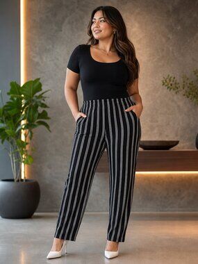 ROMWE Black & White Pinstripe Straight‑Leg Pants – Size XL, NWT